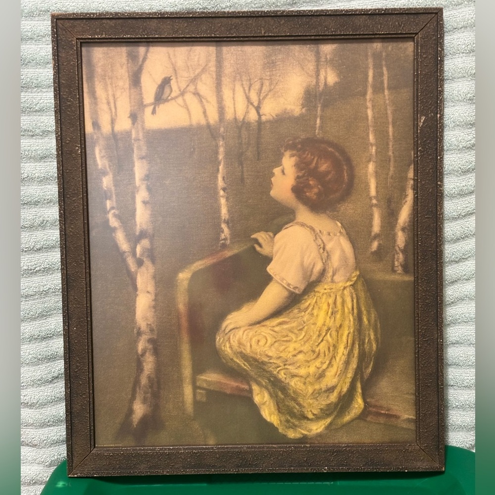 Charming Vintage Art Print with Girl in Yellow Dress. John Drescher CO. NY. used